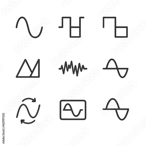 Audio Waveform Icons. Outline icon set of audio waveforms: sine wave, square wave, sawtooth wave, triangle wave, noise waveform,
