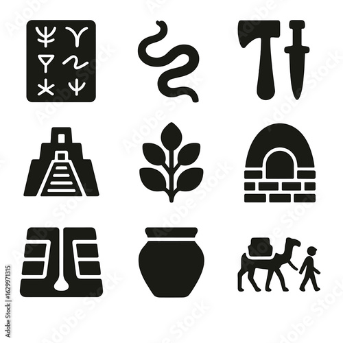 Ancient Civilization Icons. Solid, filled icons set of Mesopotamian and Indus Valley civilization symbols: