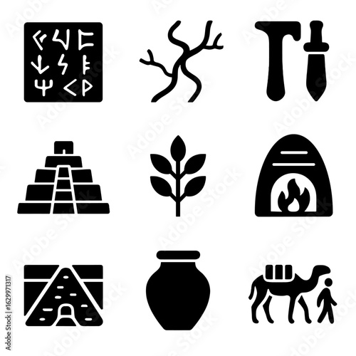 Ancient Civilization Icons. Solid, filled icons set of Mesopotamian and Indus Valley civilization symbols: