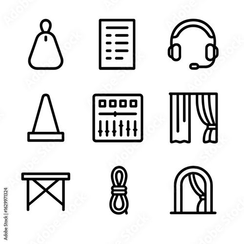 Backstage Items Icons. Outline icon set of backstage items: sandbag weight, cue sheet, headset, light console, marker cone, black