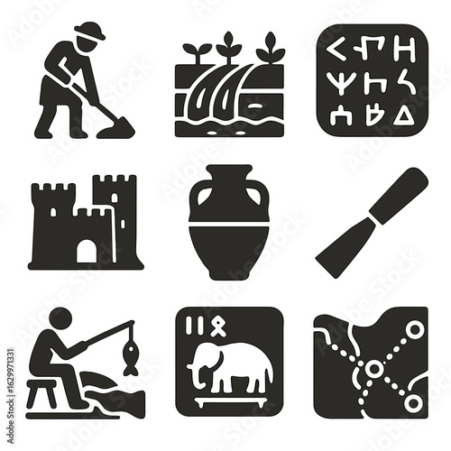 Ancient Civilization Icons. Solid, filled icons set of early civilization life and culture: ancient farmer,