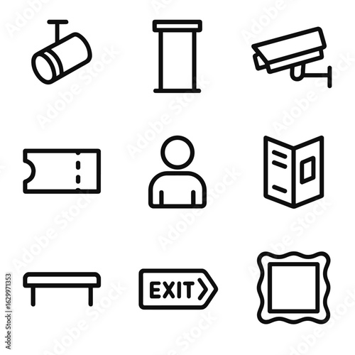 Art Gallery Icon Set. Outline icon set of art gallery elements: spotlight, pedestal, security camera, ticket, visitor, brochure,