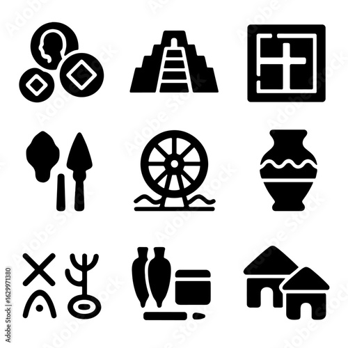 Ancient Civilizations Icons. Solid, filled icons set of first civilizations archaeological finds: ancient
