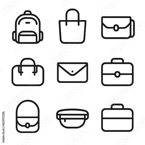 Bag Icon Collection. Outline icon set of bag types: backpack, tote bag, messenger bag, duffel bag, clutch, briefcase, crossbody