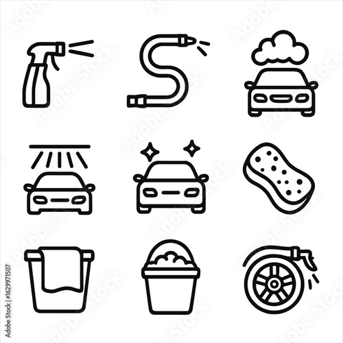 Automotive Rinse Icons. Outline icon set of rinse in automotive: car wash spray, rinsing hose, soap foam, water jets, clean car,