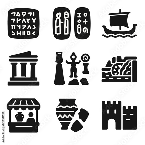 Ancient Treasures Icons. Solid, filled icons set of archaeological treasures of first civilizations: cuneiform