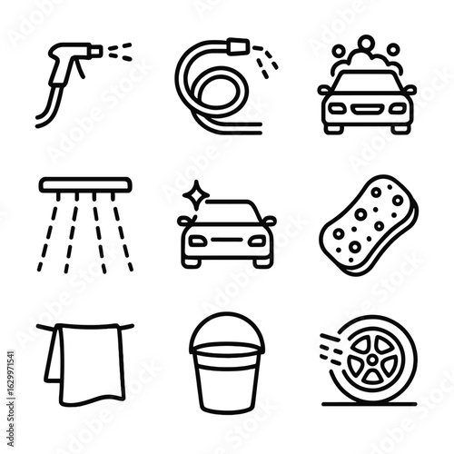 Automotive Rinse Icons. Outline icon set of rinse in automotive: car wash spray, rinsing hose, soap foam, water jets, clean car,