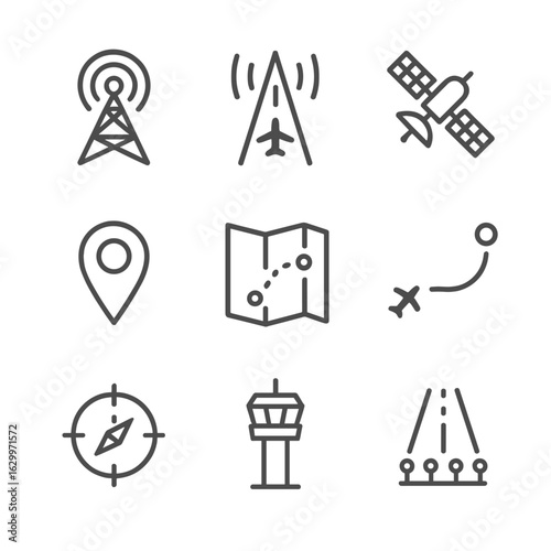 Aviation Navigation Icons. Outline icon set of flight log navigation aids: VOR station, ILS beam, GPS satellite, waypoint marker,