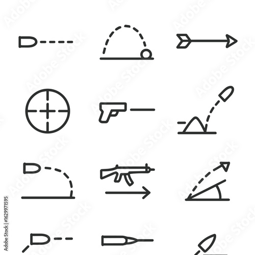 Ballistic Trajectory Icons. Outline icon set of ballistic trajectories: bullet path, cannonball arc, arrow flight, sniper scope,