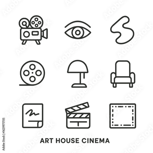 Art House Icons. Outline icon set of art house cinema: vintage projector, director’s eye, abstract shape, film reel, moody lamp,