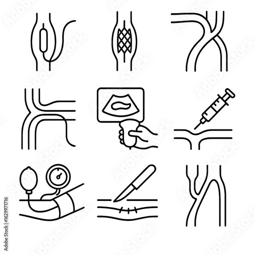 Artery Procedure Icons. Outline icon set of medical procedures on arteries: angioplasty, stent placement, artery bypass, catheter