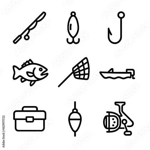 Bass Fishing Icons. Outline icon set of bass fishing: fishing rod, lure, hook, bass fish, fishing net, boat, tackle box, float,