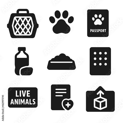 Animal Transport Icons. Solid, filled icons set of live animal air transport: pet crate, paw print, animal