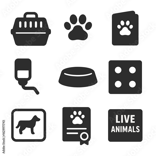 Animal Transport Icons. Solid, filled icons set of live animal air transport: pet crate, paw print, animal