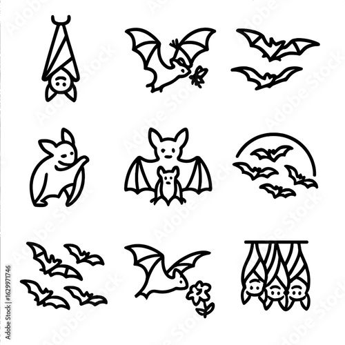 Bat Behavior Icons. Outline icon set of bat behaviors: hanging upside down, hunting insects mid-flight, migrating formation,