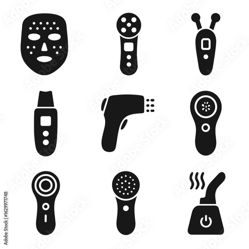 Anti-Aging Devices Icons. Solid, filled icons set of anti-aging facial devices: LED light therapy,