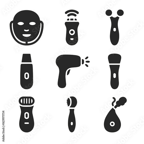 Anti-Aging Devices Icons. Solid, filled icons set of anti-aging facial devices: LED light therapy,