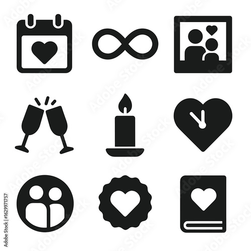 Anniversary Icon Collection. Solid, filled icons set of anniversary and lasting love: calendar with heart,