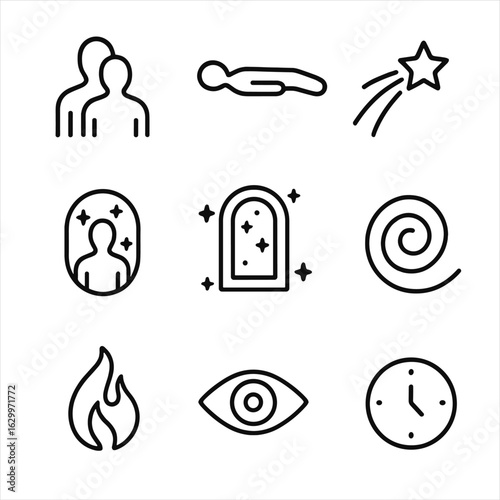Astral Travel Icons. Outline icon set of astral travel: astral body, floating silhouette, star trail, cosmic mirror, dimension