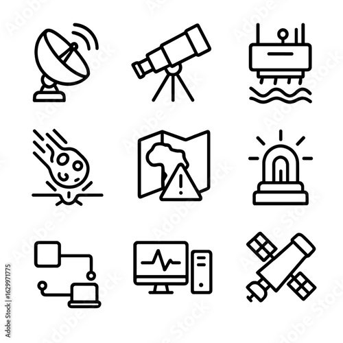Asteroid Impact Icons. Outline icon set of asteroid impact detection: radar dish, infrared telescope, ground sensor, space