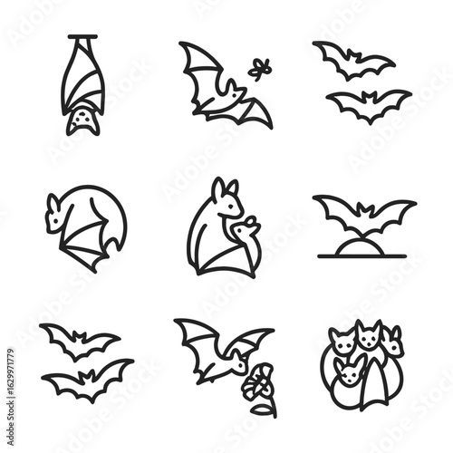 Bat Behavior Icons. Outline icon set of bat behaviors: hanging upside down, hunting insects mid-flight, migrating formation,