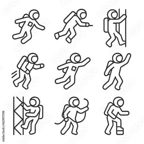 Astronaut Movement Icons. Outline icon set of astronaut movements: floating, pushing off surface, handrail grip, maneuvering with