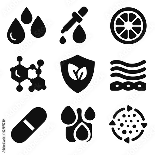 Anti-Aging Ingredients Icons. Solid, filled icons set of anti-aging ingredients: hyaluronic acid, retinol,