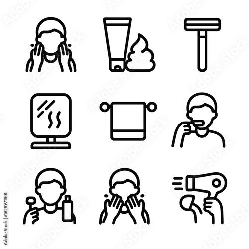 Bathroom Routine Icons. Outline icon set of morning bathroom routine: face wash, shaving cream, razor, mirror with steam, towel on