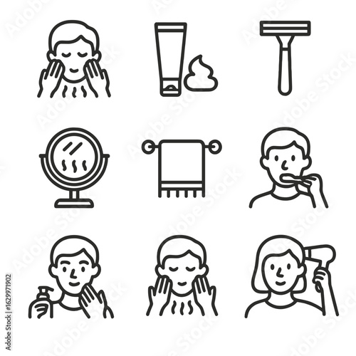 Bathroom Routine Icons. Outline icon set of morning bathroom routine: face wash, shaving cream, razor, mirror with steam, towel on