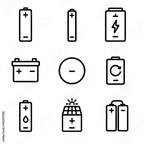 Battery Icon Set. Outline icon set of battery types: AA battery, AAA battery, lithium-ion battery, car battery, coin cell,
