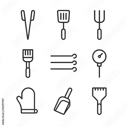 Barbecue Utensil Icons. Outline icon set of barbecue utensils including tongs: grill tongs, spatula, fork, basting brush, skewers,