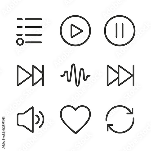 Audio Icon Grid. Outline icon set of audio playback records: playlist icon, play button, pause button, next track, previous track,