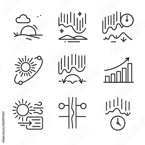 Aurora Cycle Icons. Outline icon set of aurora time cycles: dusk, night sky, midnight peak, solar cycle, geomagnetic peak, Kp