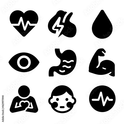 Anxiety Icons Grid. Solid, filled icons set of physiological effects of anxiety: heart monitor, adrenaline