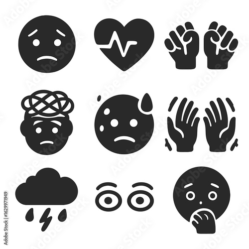 Anxiety Icons Grid. Solid, filled icons set of anxiety: worried face, racing heart, clenched fists, tangled
