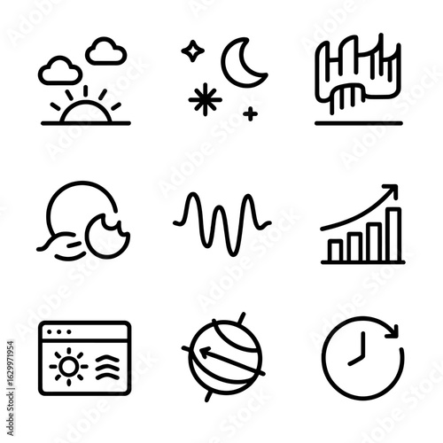 Aurora Cycle Icons. Outline icon set of aurora time cycles: dusk, night sky, midnight peak, solar cycle, geomagnetic peak, Kp