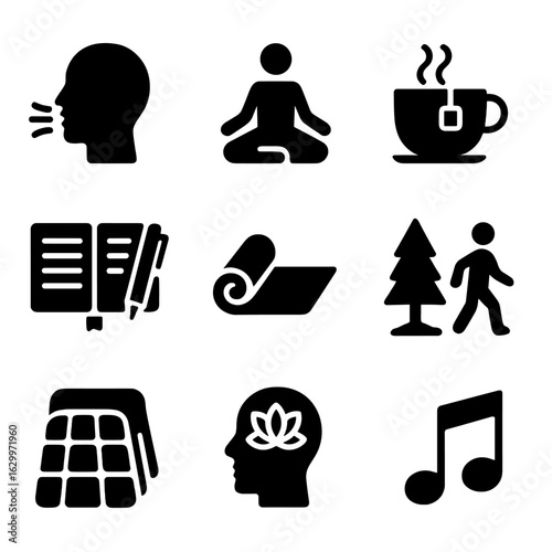 Anxiety Relief Icons. Solid, filled icons set of anxiety relief techniques: deep breathing, meditation pose,