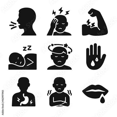 Anxiety Symptoms Icons. Solid, filled icons set of anxiety symptoms: rapid breathing, headache, muscle tension