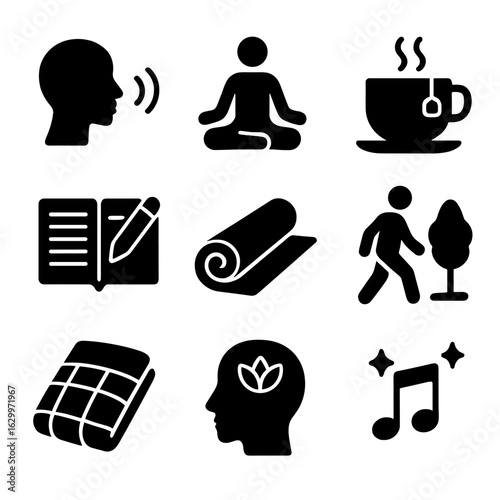 Anxiety Relief Icons. Solid, filled icons set of anxiety relief techniques: deep breathing, meditation pose,