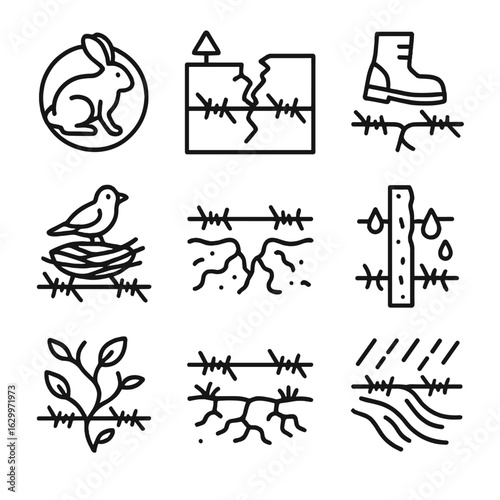 Barbed Wire Impact Icons. Outline icon set of barbed wire environmental impact: wildlife trap, broken habitat, fence crossing,