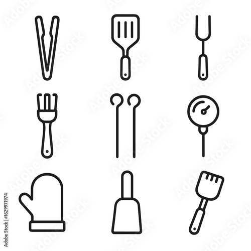 Barbecue Utensil Icons. Outline icon set of barbecue utensils including tongs: grill tongs, spatula, fork, basting brush, skewers,