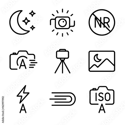 Auto Night Icon Set. Outline icon set of auto night scene: moon and stars icon, low-light sensor, noise reduction badge, long