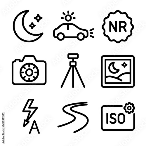 Auto Night Icon Set. Outline icon set of auto night scene: moon and stars icon, low-light sensor, noise reduction badge, long