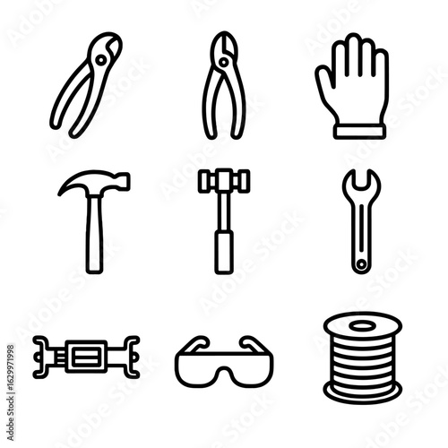 Barbed Wire Tools Icons. Outline icon set of barbed wire installation tools: pliers, wire cutter, gloves, hammer, post driver,