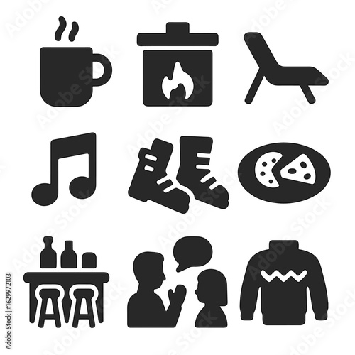 Après-Ski Icons. Solid, filled icons set of après-ski activities: hot cocoa, fireplace, lounge chair, music,