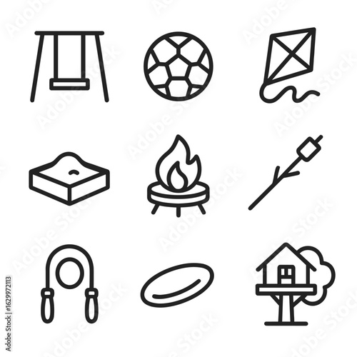 Backyard Activity Icons. Outline icon set of backyard activities: kids swing, soccer ball, kite, sandbox, fire pit, marshmallow