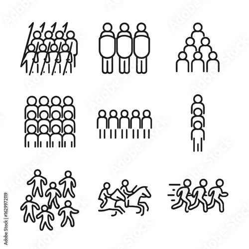 Battle Formation Icons. Outline icon set of battle formations: phalanx, shield wall, wedge, square, line, column, skirmish,