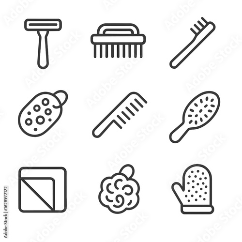 Bathing Hygiene Icons. Outline icon set of bathing hygiene tools: razor, nail brush, toothbrush, bath sponge, comb, hairbrush,