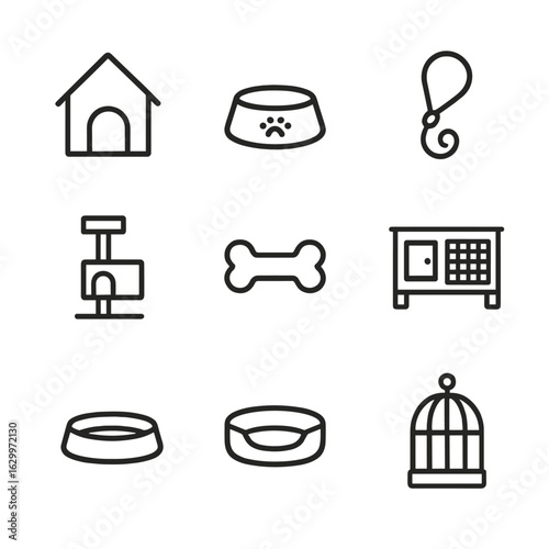 Backyard Pet Icons. Outline icon set of backyard pets: doghouse, food bowl, pet leash, cat tree, chew toy, rabbit hutch, water