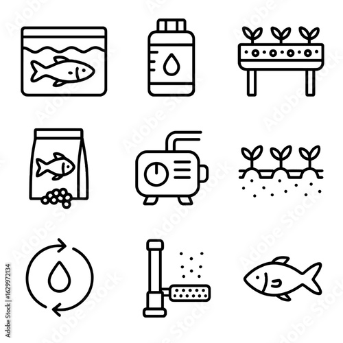 Aquaponic Gardening Icons. Outline icon set of aquaponic gardening: fish tank, water filter, grow bed, fish